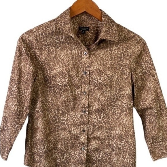 Talbots Animal Print Button Up Shirt 3/4 Sleeve Stretchy Cotton Neutral Office - Picture 15 of 15
